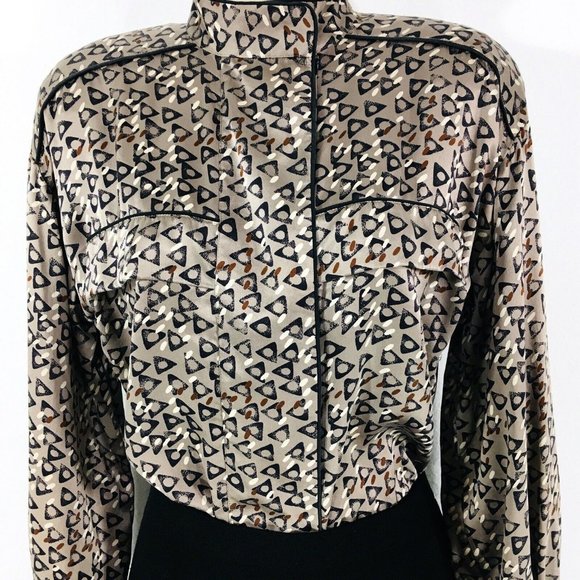 Vintage Joan Collins Silk Top Blouse Sz 4 Retro Triangle Print Snap Neckline - Picture 2 of 11